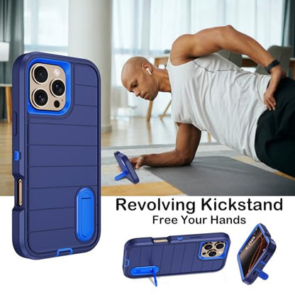 for iPhone 16 Pro Case with Screen Protector,Built-in Invisible Kickstand,Heavy Duty Shockproof Drop Protection Military Grade Tri-Layer Rugged Durable Cell Phone Cover for Apple 16 Pro 6.3" (Blue) - color: Blue