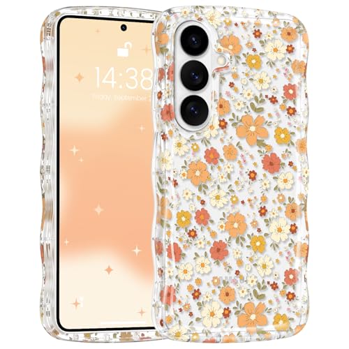 RALEAVO for Samsung Galaxy S26 Plus Case Cute Floral Acrylic Cover,Orange | Cute Flowers Pattern Design,Clear Curly Wave Frame Cover for Women,Hard Acrylic Shockproof Anti-slip Case for S26 Plus - color: Clear/Orange Flowers, size: For S26 Plus