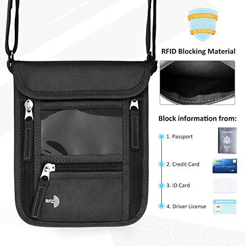 WALNEW Passport Holder Neck Pouch Travel Wallet for Women and Men, RFID Blocking Security Slim Traveling Wallet with Around Neck Lanyard Strap, Black - color: Black
