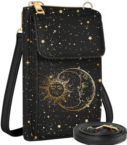 Miss Adola Phone Purse for Women Leather Crossbody Bag | Large Phone Pocket, Magnetic Snap, Zipper Pocket, 4 Card Slots, Adjustable Shoulder Strap, Leather Small Purse for Daily Use - color: Black Sun Moon