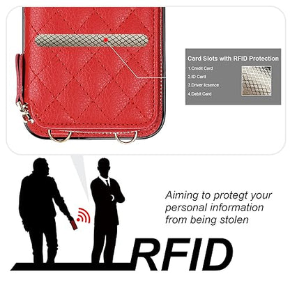 Bocasal Crossbody Wallet Case Card Holder for iPhone 15 Pro, Red | RFID Blocking PU Leather Zipper Handbag Purse, Kickstand Flip Folio Case with Card Slots Holder Wrist Strap Lanyard 6.1 Inch - color: Red