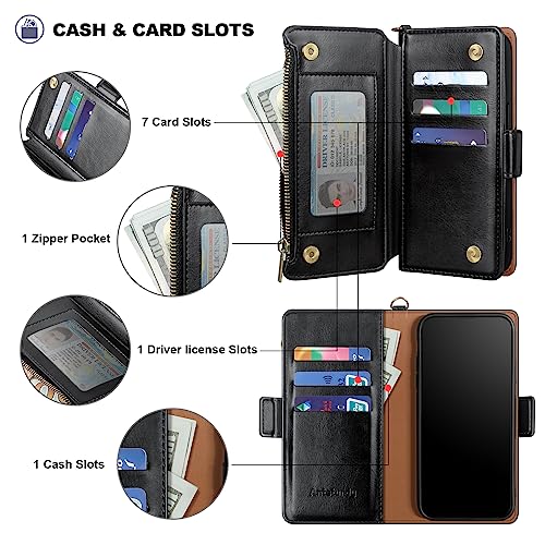 Antsturdy for iPhone 14 Pro Phone Wallet Case Women,Black | RFID Blocking,with Credit Card Holder Slots,PU Leather Purse,Zipper Pocket,Wrist Strap Kickstand,Flip Folio Cover for Men - color: A-Black