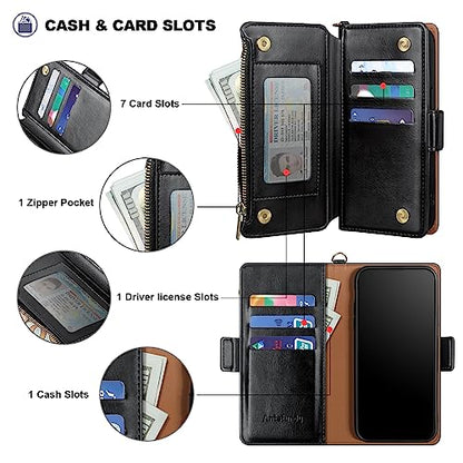 Antsturdy for iPhone 14 Pro Phone Wallet Case Women,Black | RFID Blocking,with Credit Card Holder Slots,PU Leather Purse,Zipper Pocket,Wrist Strap Kickstand,Flip Folio Cover for Men - color: A-Black