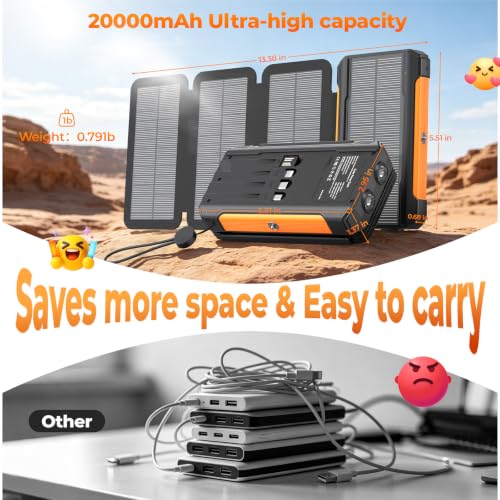 Solar Charger Power Bank 20000mAh Portable Charger Built-in 4 Cables(Micro/USB-C/Ios Output Cable,USB-A Input Cable) & 4 Solar Panels, 15W Fast Charging Battery Pack with Flashlight for Camping Travel