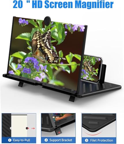 20" Screen Magnifier – 3D HD Cell Phone Magnifing Screen Enlarger Projector for Movies Videos and Gaming – Foldable Phone Stand Holder with Screen Amplifier Compatible with All Smartphones - color: Black-20''
