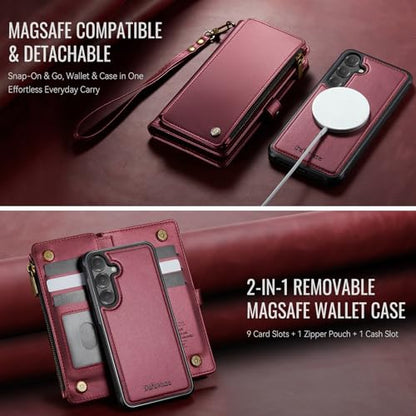 Defencase for Galaxy S24 Case Wallet Compatible with Magsafe 6.2", Wine Red | Magnetic Detachable, with RFID Bolcking Card Holder, Zipper Strap, PU Leather Drop-Proof Phone Cover for Samsung Galaxy S24 - color: (Detachable with Magsafe)-Black