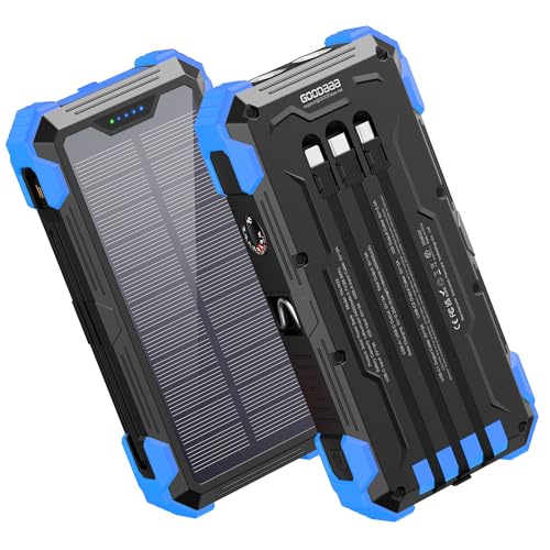 GOODaaa Solar Power Bank 24000mAh, Portable Charger with 4 Built-in Cables - color: Blue