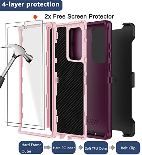for Samsung Galaxy S22 Ultra Case with Belt Clip Holster, 2X Screen Protector, Military Grade Protection Heavy Duty Full Body Shockproof Rugged Protective Cover for Samsung S22 Ultra 5G Wine - color: Wine