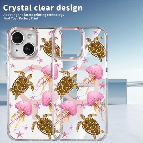 VisEnt Clear Case for iPhone 14, Magnetic Phone Case, Transparent Slim Cover, Military Grade Protection, Shockproof, Anti-Yellowing, Scratch Resistant, Pink Jellyfish Sea Turtle - color: Pink Jellyfish Sea Turtle, size: Iphone 14