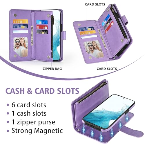 Asuwish Phone Case for Samsung Galaxy S22 5G Zipper Wallet Detachable Cell Cover with Tempered Glass Screen Protector Crossbody Strap Flower Card Holder Slot S 22 22S 4G G5 6.1 inch Women Girls Purple - color: Purple