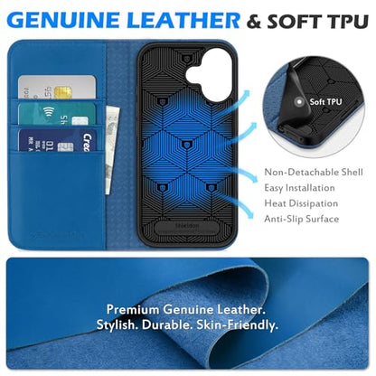 SHIELDON Genuine Leather Case Wallet for iPhone 17 6.3" 2025, Sapphire Blue | Folio Magnetic Closure, RFID Blocking, Credit Card Holder, Kickstand, Shock Absorbing Protective Cover for Men Women - color: Sapphire Blue