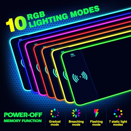 AIMSA Wireless Charging RGB Gaming Mouse Pad 15W, Extended LED Desk Mat Protector 800x300x4MM, 14 Light Modes Extra Large Mousepad Non-Slip Rubber Base Desk Mat, Cool Black - color: Cool Black