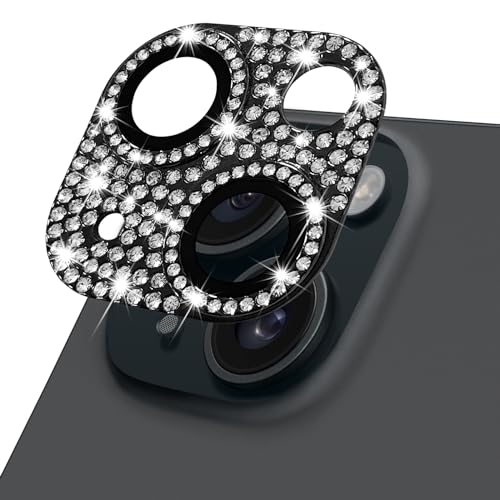 Designed for iPhone 15 and 15 Plus Camera Lens Protector, Bling Rhinestone Sparkle Diamond 9H Tempered Glass Lens Cover Shockproof Full Protective Camera Cover, Black - color: Black Diamond, size: for iPhone 15 / 15 Plus