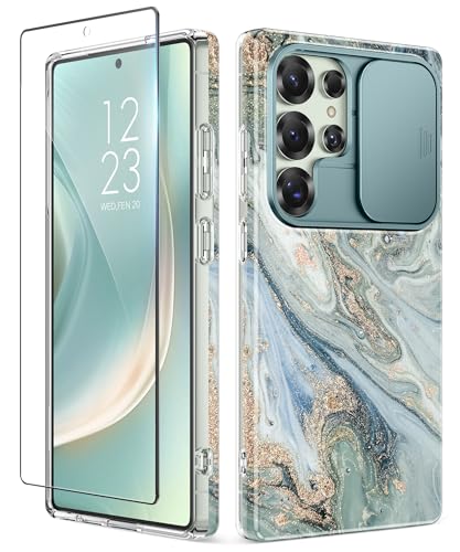 GVIEWIN for Samsung Galaxy S25 Ultra Case with Slide Camera Cover, [Screen Protector] [Shockproof Military Grade Drop Protection] Marble Slim Fit Hard PC Phone Cover S25 Ultra 6.9" 2025 (Ocean Tide) - color: Ocean Tide/Green, size: For Galaxy S25 Ultra 6.