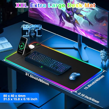 XXL RGB LED Gaming Mouse Pad with Magnetic Wireless Charger & Foldable Phone Holder, 31.5"x15.8" Extended Ultra-Smooth Desk Mat, 25 Lighting Effects, Non-Slip Base, Includes 20W PD Adapter - color: RGB-Magnetic Stand-31.5"x15.8"-Adapter