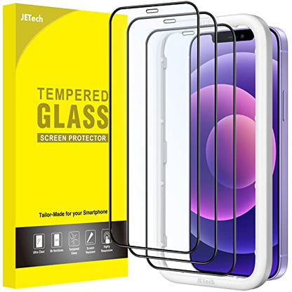 JETech Full-Coverage Screen Protector for iPhone 12 mini, 3-Pack | Black Edge Tempered Glass, Easy Installation Tool, HD Clear, Case-Friendly - size: iPhone 12 mini