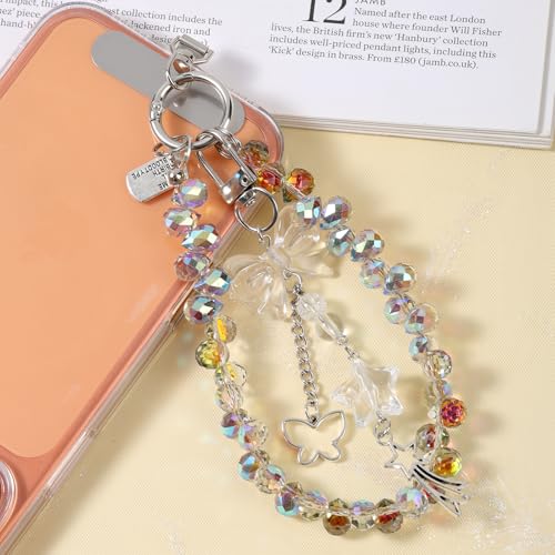 Crystal Beaded Phone Wrist Strap, Cute Cellphone Lanyard Chain, Bow Keychain Wristlet Bag Charms for Women - color: Amber