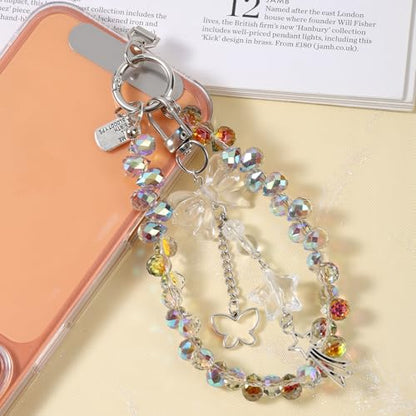 Crystal Beaded Phone Wrist Strap, Cute Cellphone Lanyard Chain, Bow Keychain Wristlet Bag Charms for Women - color: Amber