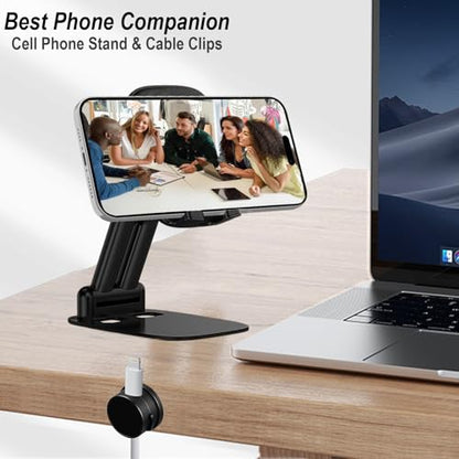 Cell Phone Stand Desktop and Magnetic Cable Clips Set, Foldable & Height Adjustable Phone Holder and Adhesive Wire Holder Keeper Organizer Compatible with All Phones