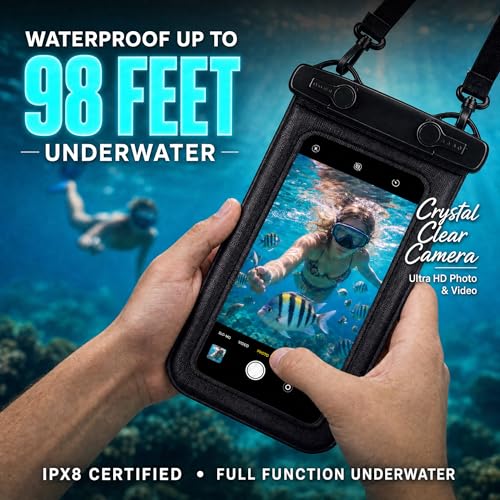 2 Pack IPX8 Floating Waterproof Phone Pouch, Anti-Pop Lock 27.68 Sq in Extra Large Case, Sensitive Touch & Detachable Lanyard, Beach Cruise Essentials for iPhone & Samsung, Black (Black)