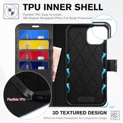 TUCCH Wallet Case for iPhone 14 6.1" 2022, 4 Card Slots, Black & Light Blue | RFID Blocking, Viewing Stand, Shockproof TPU Shell, PU Leather, Magnetic Closure, Protective Folio Flip Cover - color: Black & Light Blue