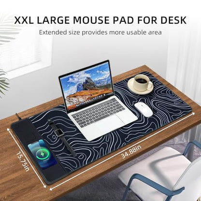 VOVIPO 3 in 1 Wireless Charging Mouse Pad, Gift for Dad/Office Manager,Wireless Charger Compitable with iPhone/Watch/airpods. Wireless Charging Desk Mat 90 x 40cm,Black Topographic Computer Desk Pad - color: Black Topographic