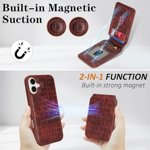 Ｈａｖａｙａ Leather Wallet Case for iPhone 16 - Espresso Brown | Crocodile-textured leather, detachable wallet, 5-card slots & kickstand, MagSafe 15W fast charge, raised bezels - color: Espresso Brown