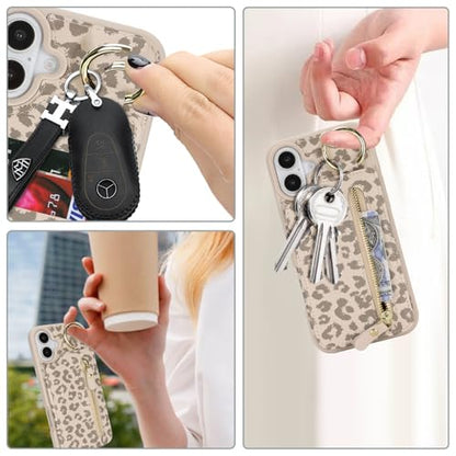 Ｈａｖａｙａ for iPhone 16 case Wallet with Card Holder for Women Men Shockproof Phone case with Keychain Ring Stand Leather Zipper Credit Card Slots-Off White Leopard Print - color: Off White leopard print-Ring