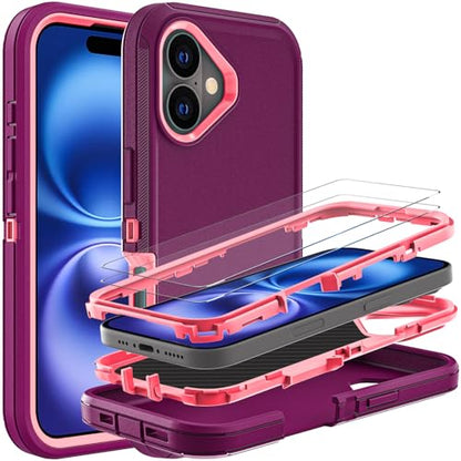 YKHJKLEC for iPhone 16 Case, Military Grade 3 in 1 Heavy Duty Shockproof/Drop Proof/Dust Proof Case with 2Pcs Tempered Glass Screen Protector (Purple/Pink) - color: Purple/Pink