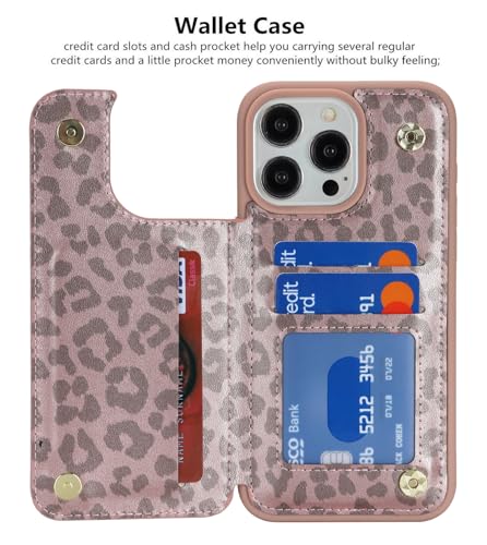 iCoverCase Compatible with iPhone 13 Pro Max Phone Case with Card Holder, Wallet Case for Women Men RFID Blocking PU Leather Protective Case 6.7 Inch (Rose Gold Leopard) - color: Rose Gold Leopard