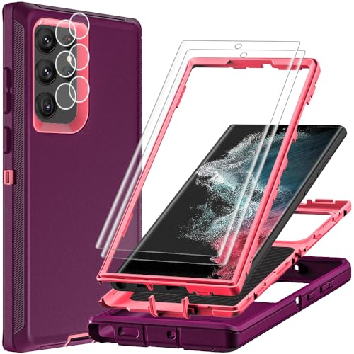 for Samsung Galaxy S22 Ultra Case with 2Pcs Self Healing Flexible TPU Screen Protector & Camera Lens Protector, 3 in 1 Heavy Duty Shockproof/Drop Proof/Dust Proof Case (Wine Red/Rose Pink) - color: Wine Red/Rose Pink