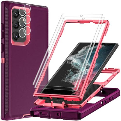 for Samsung Galaxy S22 Ultra Case with 2Pcs Self Healing Flexible TPU Screen Protector & Camera Lens Protector, 3 in 1 Heavy Duty Shockproof/Drop Proof/Dust Proof Case (Wine Red/Rose Pink) - color: Wine Red/Rose Pink