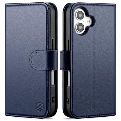 Compatible with iPhone 16 Genuine Leather Case Wallet with Card Holder,Women Men Real Leather Flip Folio RFID Blocking Credit Card Slots Kickstand Phone Cover,for Apple 16 6.1",Dark Blue - color: Dark Blue, size: iPhone 16 - 6.1"
