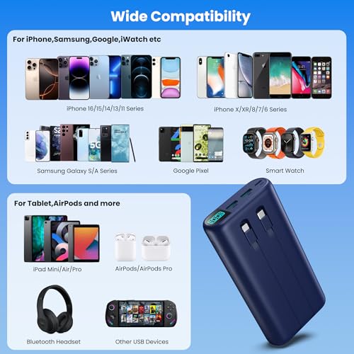 Portable Charger 40,800mAh Power Bank with Built-in Cables,5 USB Output Battery Pack Backup,25W PD Fast Phone Charging Travel Essential Outdoor for iPhone 18 Pro MAX/17/16/15,Android Galaxy Pixel-Blue - color: B-Navy