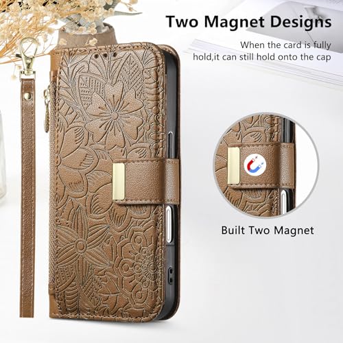 for iPhone 17 Phone Case Wallet, Brown | Built-in Card Holder (8-10 Cards), Zipper Pocket, Wrist Strap, Stand Kickstand, Flower PU Leather Protective Phone Case Women - color: Brown, size: iPhone 17