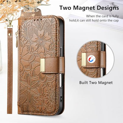 for iPhone 17 Phone Case Wallet, Brown | Built-in Card Holder (8-10 Cards), Zipper Pocket, Wrist Strap, Stand Kickstand, Flower PU Leather Protective Phone Case Women - color: Brown, size: iPhone 17