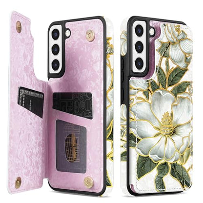 NNH Compatible with Samsung Galaxy S22 Wallet Case with RFID Blocking Card Slots Folio Flip PU Leather Kickstand Double Magnetic Clasp Design Cover for Galaxy S22(6.1 inch-Magnolia Flowers) - color: Magnolia Flowers, size: Galaxy S22 6.1 inch