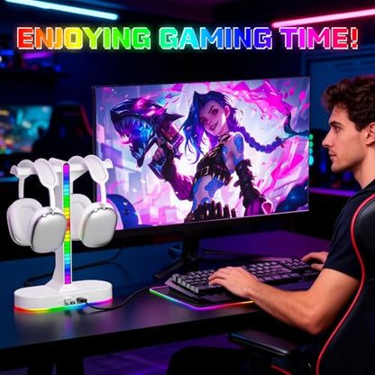 Dual Headphones Stand with Charger for Men, Headset Holder Stand for Desk - color: White
