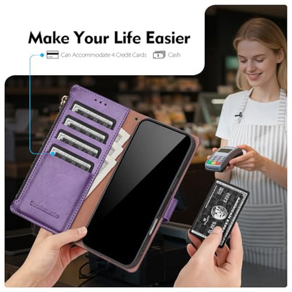 Compatible with iPhone 17e / 16e Wallet Case with Card Holder RFID Blocking Zipper Poket PU Leather Flip Phone Case with Wrist Strap Credit Card Slots Men Women,Dark Purple - color: Dark Purple