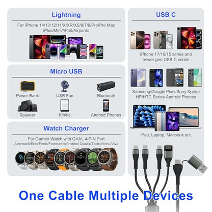 100W Multi Charging Cable with Garmin Watch Charger - 10ft Multi Charger Cable with 100W USB C, Mfi Lightning, Micro-USB, Garmin Watch Charger L-Shape for Garmin Watch iPhone 17-6 iPad Android Laptop