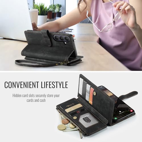 Compatible with Samsung Galaxy S26 Wallet Case,with Card Holder Kickstand Magnetic Zipper Pocket Lanyard Strap Wristlet,Leather Flip Case Wallet for Samsung Galaxy S26 5G 6.3 Inch (Black) - color: Black, size: S26 6.3 Inch