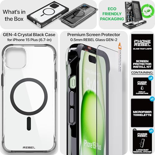 REBEL Clear Case for iPhone 15 Plus [Crystal Series Gen-4] Strong MagSafe Compatible, Anti-Scratch, Non-Yellowing, Protective Shockproof Bumpers, Metal Buttons, 6.7 in 2023 Phone Cover (Crystal Black) - color: Crystal Black, size: iPhone 15 Plus