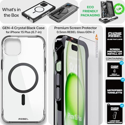 REBEL Clear Case for iPhone 15 Plus [Crystal Series Gen-4] Strong MagSafe Compatible, Anti-Scratch, Non-Yellowing, Protective Shockproof Bumpers, Metal Buttons, 6.7 in 2023 Phone Cover (Crystal Black) - color: Crystal Black, size: iPhone 15 Plus