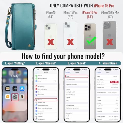 Defencase for iPhone 15 Pro Wallet Case with RFID Card Holder, Blue Green | Durable Soft PU Leather, with Zipper Pocket, Wrist Strap, Fashion Snap Flip Phone Cases Cover with Stand for Women and Men - color: Blue Green