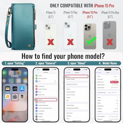 Defencase for iPhone 15 Pro Wallet Case with RFID Card Holder, Blue Green | Durable Soft PU Leather, with Zipper Pocket, Wrist Strap, Fashion Snap Flip Phone Cases Cover with Stand for Women and Men - color: Blue Green