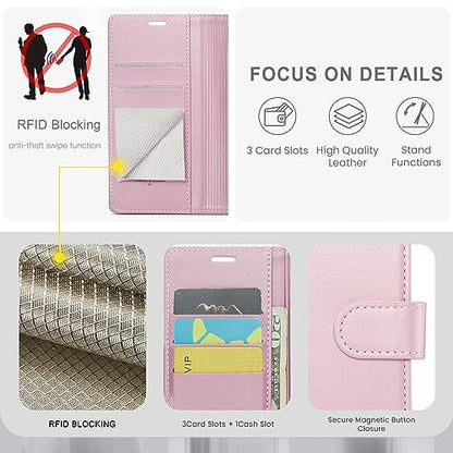 FLIPALM Wallet Case for iPhone 16e, Pink | Card Holder, RFID Blocking, PU Leather Folio Flip, Kickstand, Protective Shockproof Cover - color: Pink