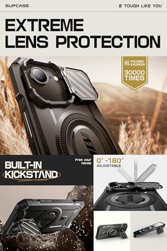 SUPCASE for iPhone 17e/16e Case with Camera Cover Stand, Black | Compatible with MagSafe, Built-in Kickstand, Military-Grade Protection, Magnetic Phone Case for iPhone 15/14/13, UBMag XT - color: Black