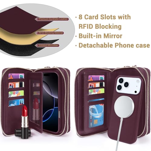 Harryshell Compatible with iPhone 17 Pro Max Case Wallet Multi Zipper Detachable Removable Cover with RFID Blocking Card Slot Holder Mirror Crossbody Strap (Compatible with Magsafe-Quilted Burgundy) - color: Compatible with Magsafe - Quilted Burgundy, siz