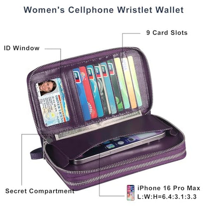 RFID Blocking Cellphone Wallet for Women with Wrist Strap, Double Zipper Travel Clutch Purse Large Capacity, Purple - color: Purple