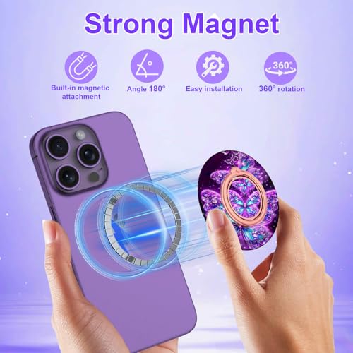 Magnetic Phone Ring Holder for MagSafe Grip,[Super Magnet],Stylish 360° Rotation Cell Phone Grip Stand Finger Ring Kickstand for iPhone 17 16 15 14 Pro Max,iPad and Smartphones,Purple - color: Purple
